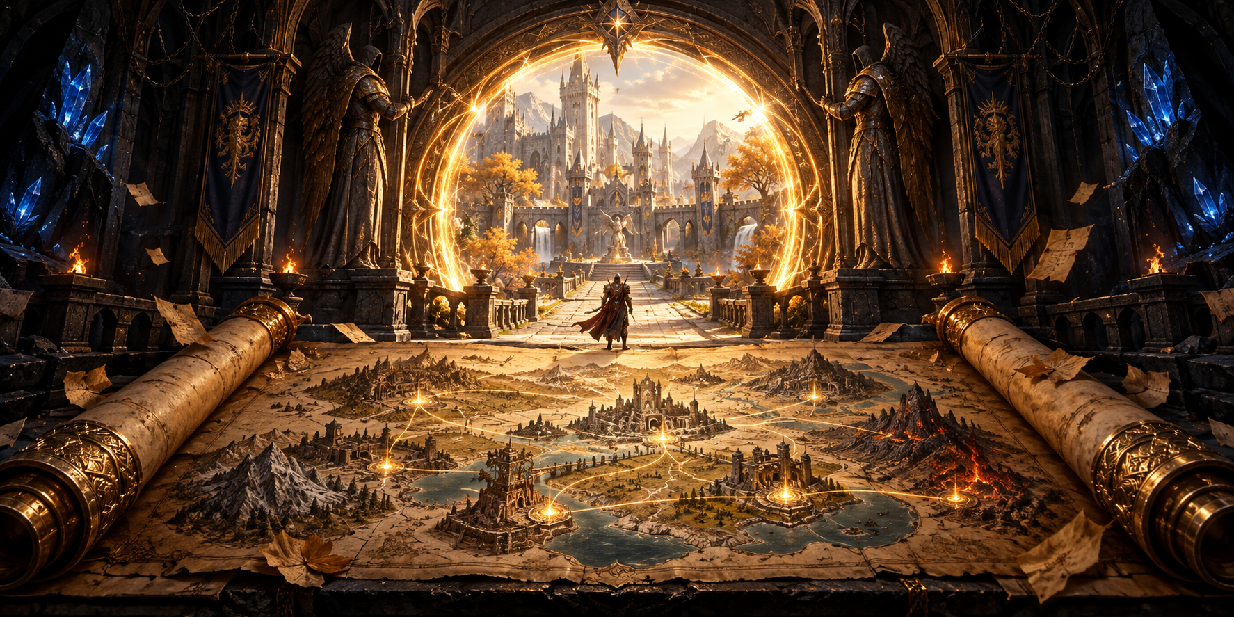 Um mundo de fantasia com ruínas e magia, a caminho de uma nova aventura